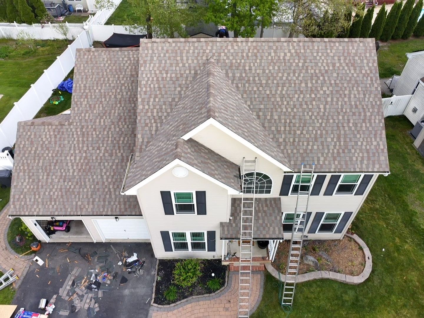 Aerial drone view of a roof being installed by Roddy Roofing